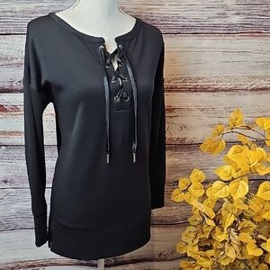 White House Black Market Black Lace-Up Long Sleeve Tunic
